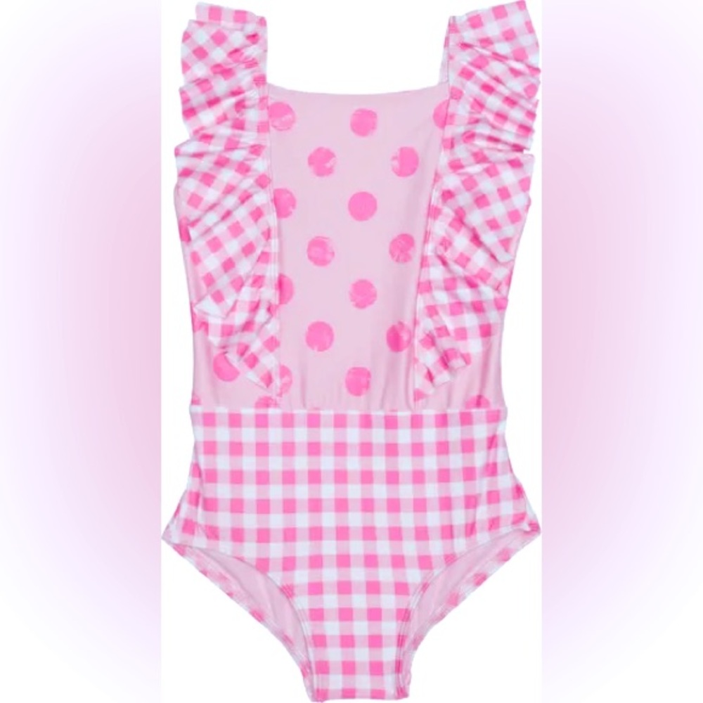 Polka-dot and check ruffle swimsuit
